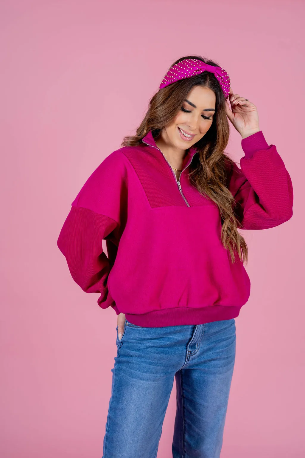 Ribbed Sleeve Quarter Zip Pullover