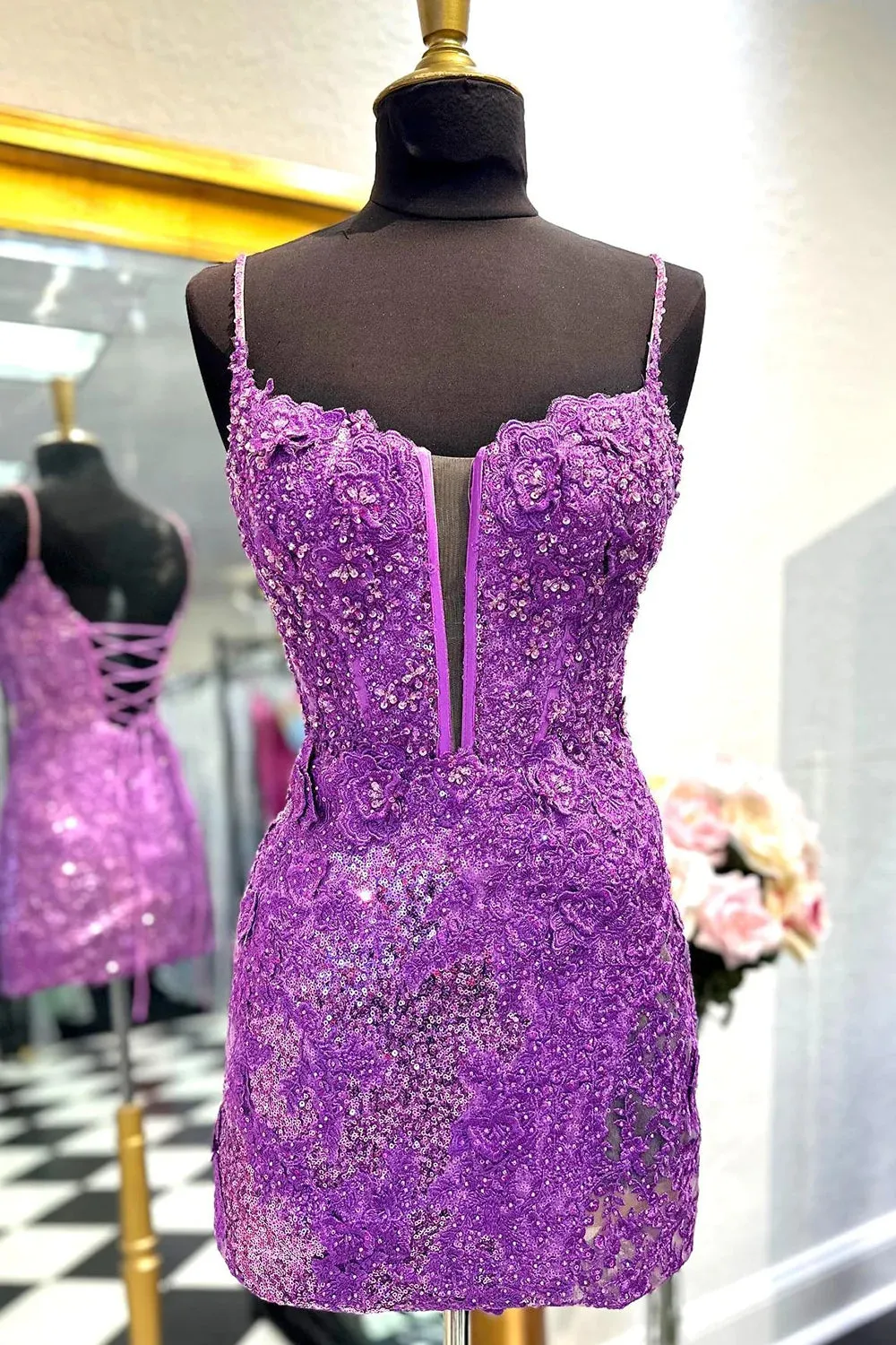 Sparkly Purple Sequin Sweetheart Tight Short Homecoming Dress VK23091806