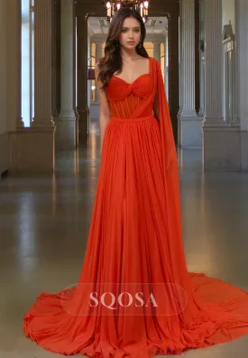 Strapless Sweetheart Sleeveless A-Line Prom Dress Pleated Chiffon Formal Party Gowns with Train