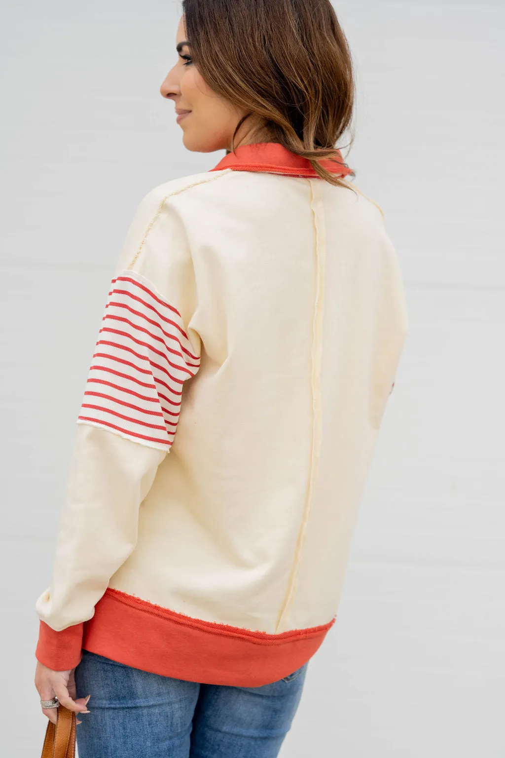 Stripe Accented Collar Sweatshirt
