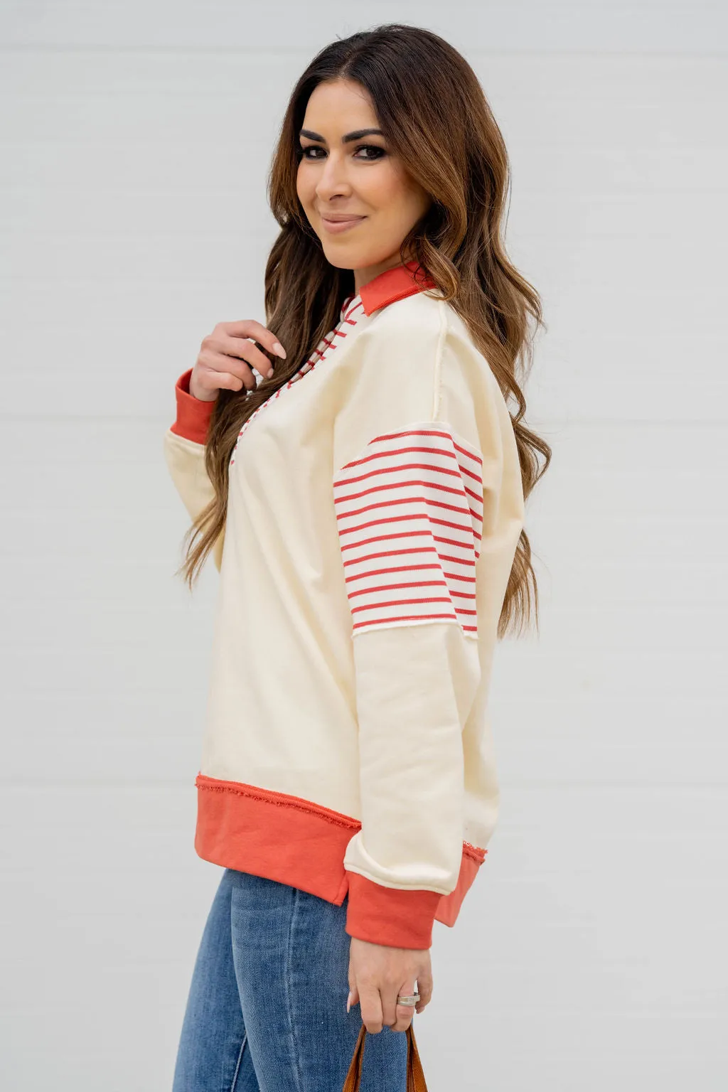 Stripe Accented Collar Sweatshirt