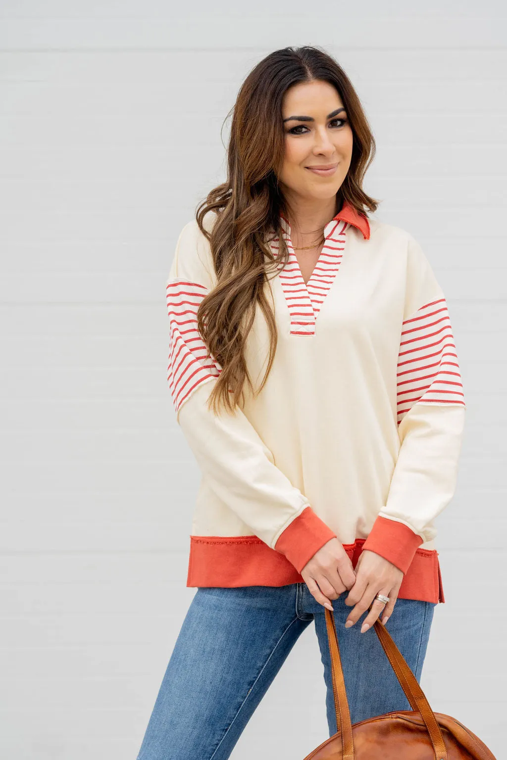 Stripe Accented Collar Sweatshirt