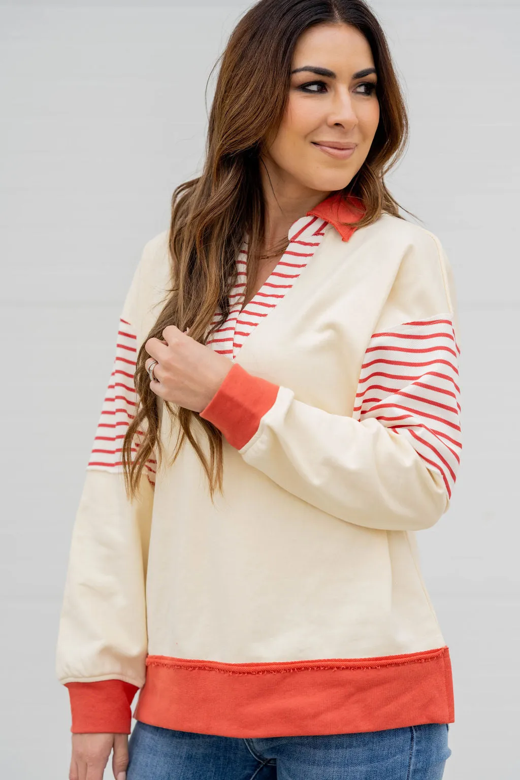 Stripe Accented Collar Sweatshirt