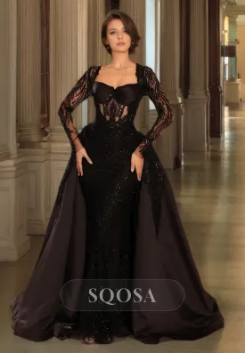 Sweetheart Long-Sleeves Allover Glitter Applique Cutout Mermaid Prom Dress with Satin Overskirt