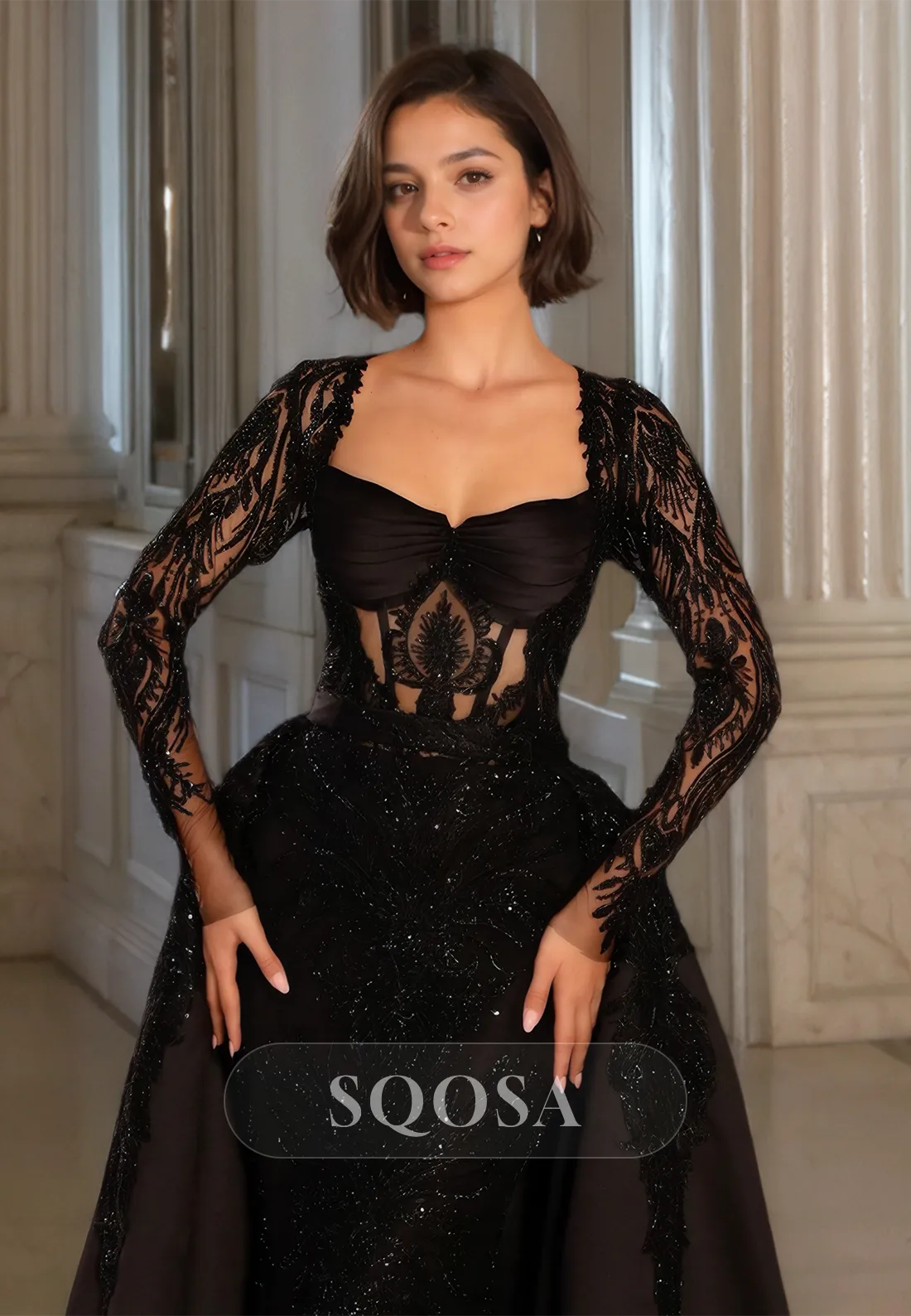 Sweetheart Long-Sleeves Allover Glitter Applique Cutout Mermaid Prom Dress with Satin Overskirt