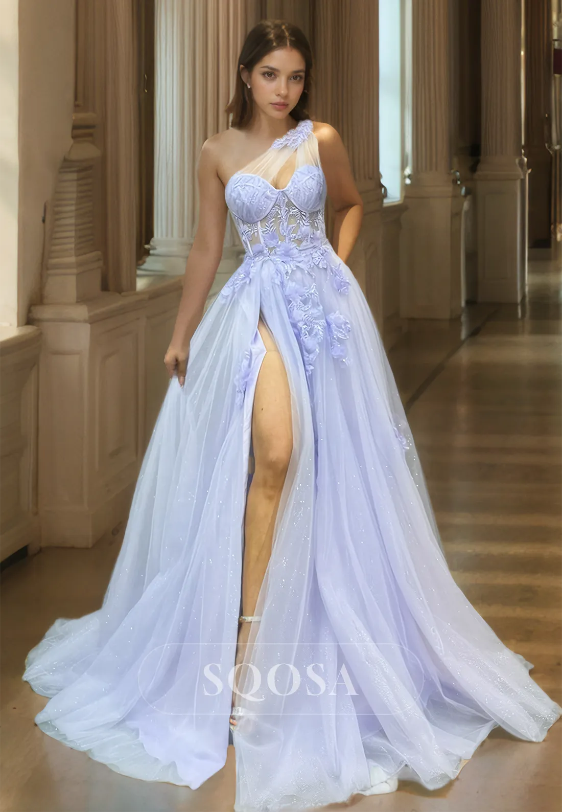 Sweetheart One-Strap Sleeveless A-Line Prom Dress Pleated Floral Appliqued High Slit Tulle Party Gowns