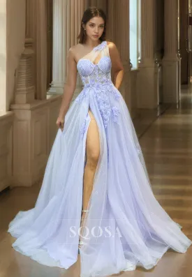 Sweetheart One-Strap Sleeveless A-Line Prom Dress Pleated Floral Appliqued High Slit Tulle Party Gowns