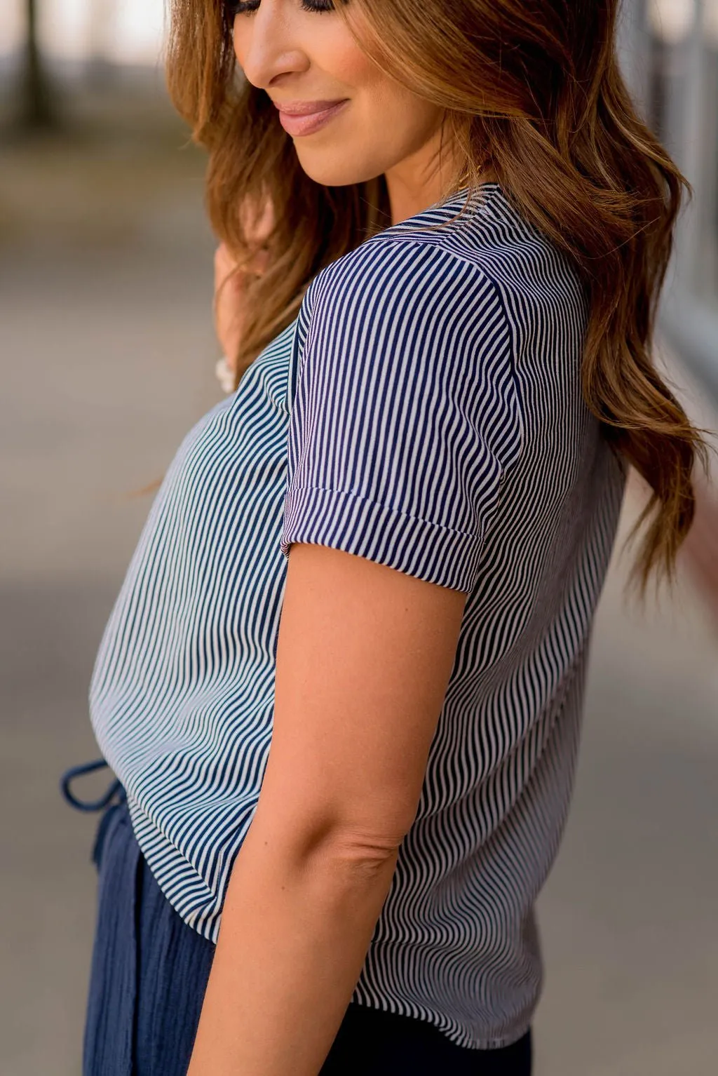 Vertical Striped Cuffed Sleeve Tee
