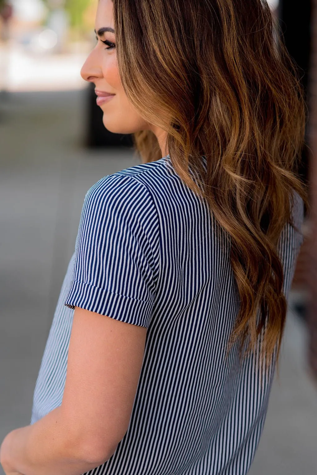 Vertical Striped Cuffed Sleeve Tee