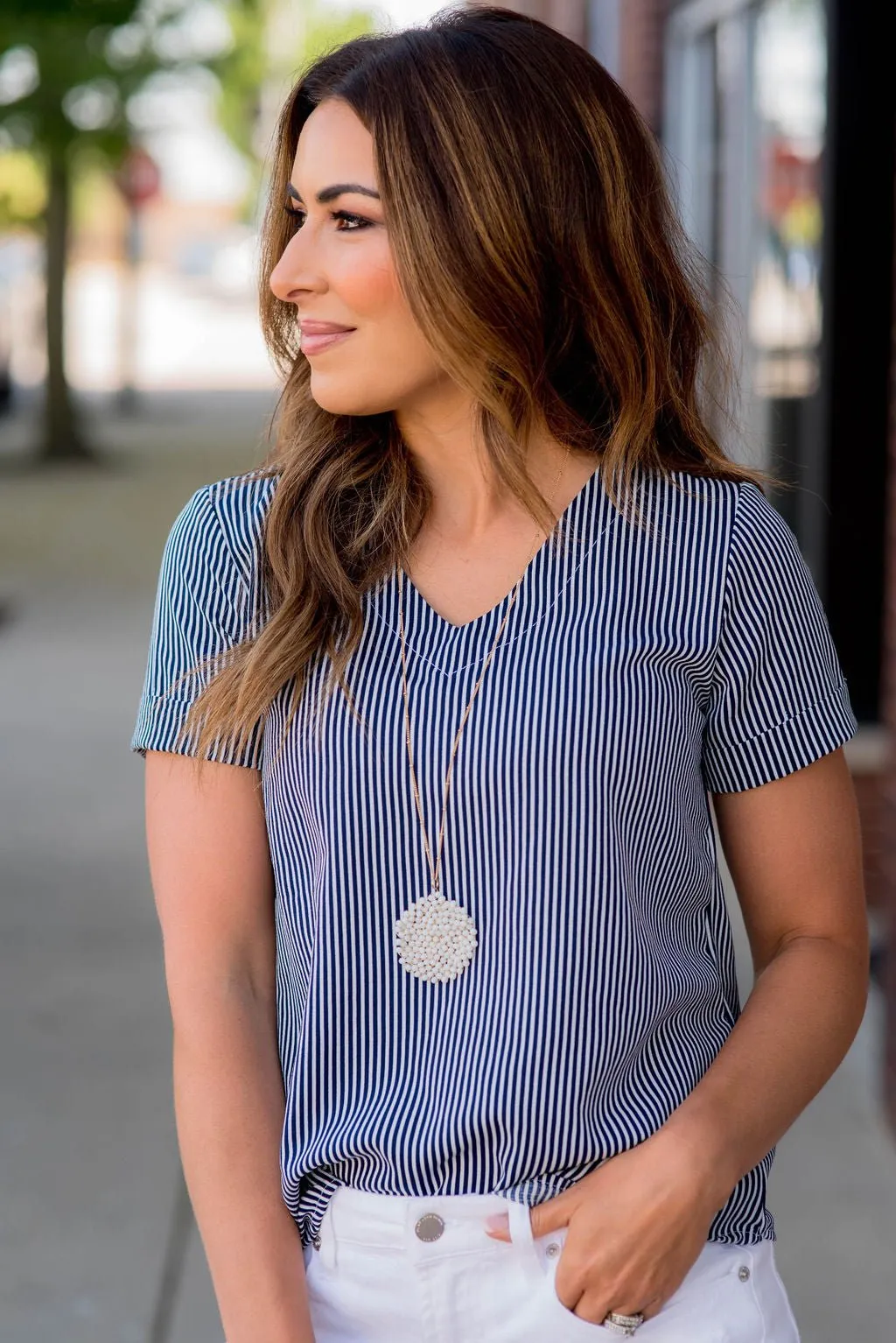 Vertical Striped Cuffed Sleeve Tee