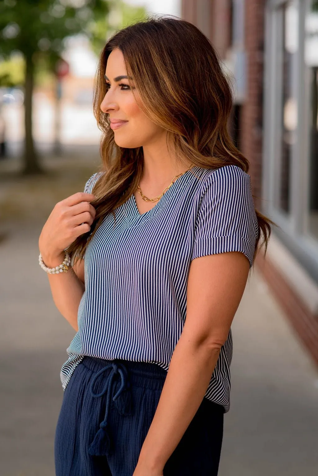 Vertical Striped Cuffed Sleeve Tee