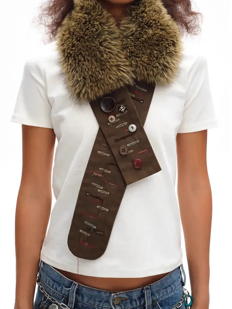 Vintage Brown Fur Belt - Y2K Hook Furry Cowgirl Gothic Punk Hip Hop Waistband