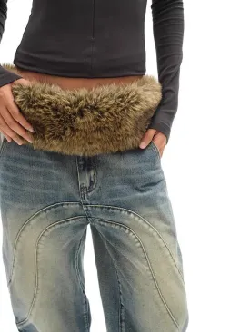 Vintage Brown Fur Belt - Y2K Hook Furry Cowgirl Gothic Punk Hip Hop Waistband