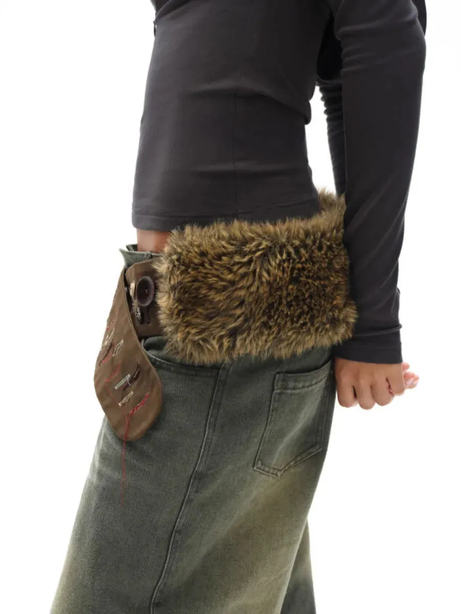 Vintage Brown Fur Belt - Y2K Hook Furry Cowgirl Gothic Punk Hip Hop Waistband
