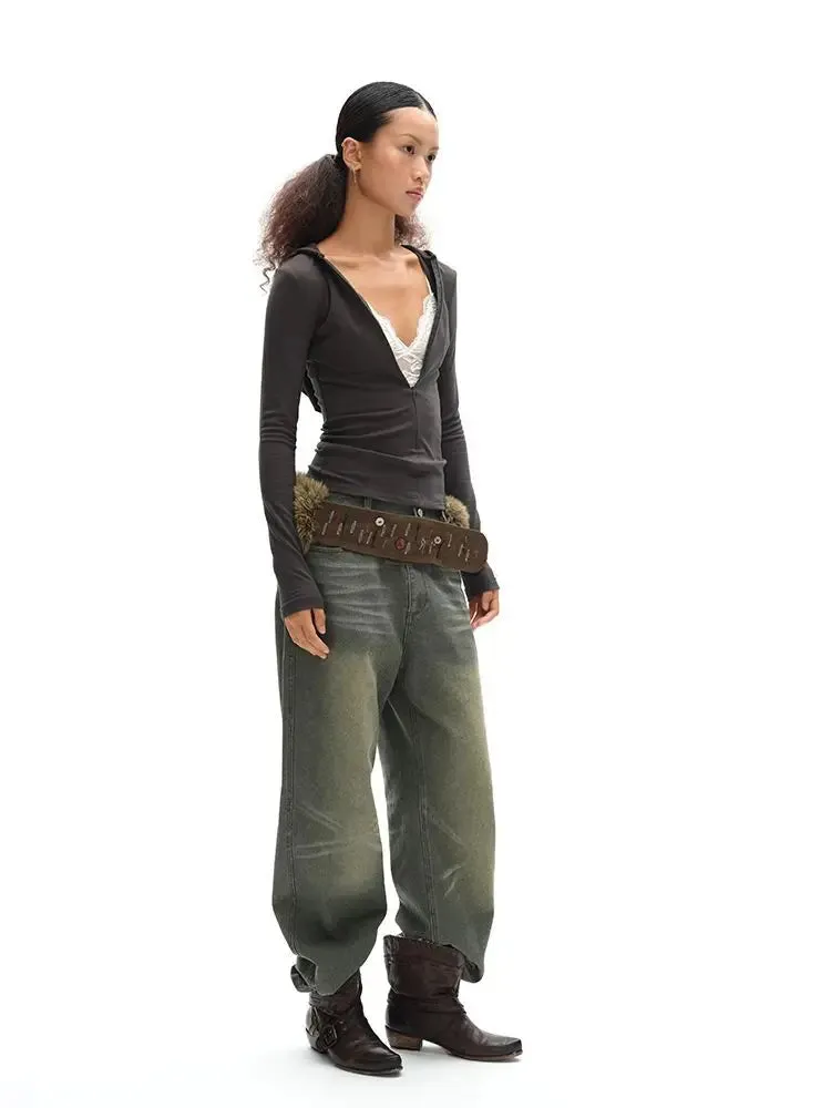 Vintage Brown Fur Belt - Y2K Hook Furry Cowgirl Gothic Punk Hip Hop Waistband