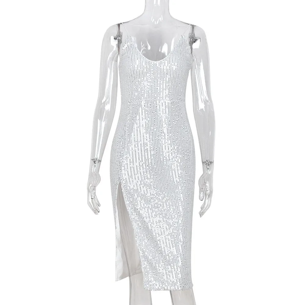 Women Spaghetti Strap Low Cut Sequins Midi Dress Split Glitter Evening Party Bodycon Dresses 2022Fall Nightclub Prom Clothes